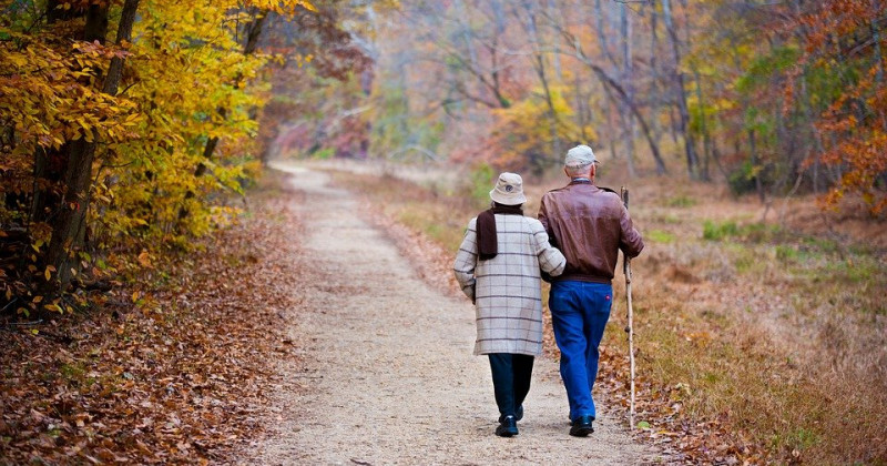 Coppia di anziani passeggiano in un bosco