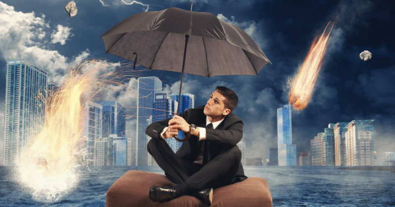 Manager, ombrello, pioggia meteoriti, città, inondazione